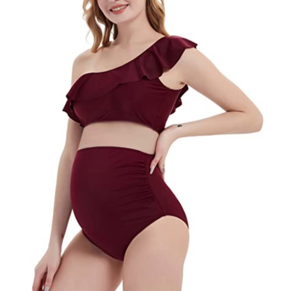Bhome Maternity Two Pieces Bikini Set One Shoulder Pregnant Swimsuit with Ruffle